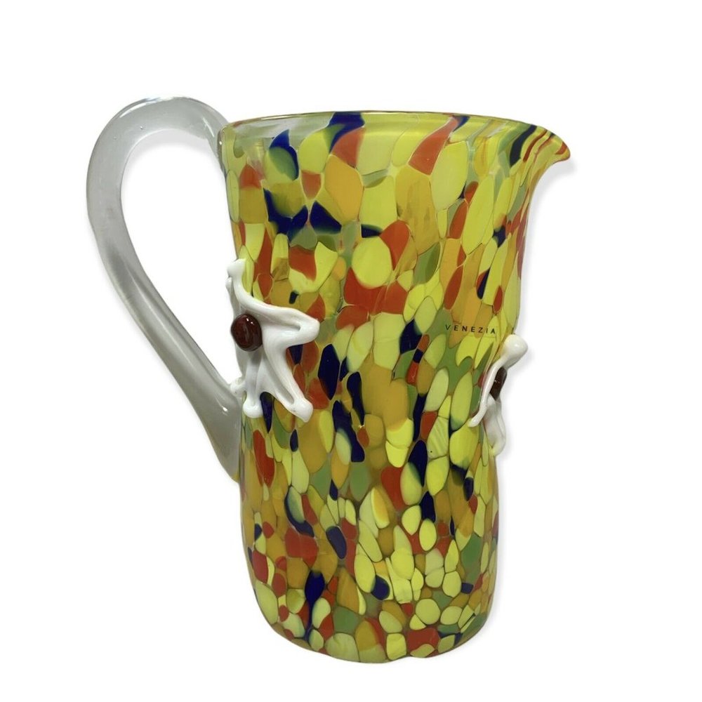 Vintage Murano Venezia Hand Blown Glass Pitcher Confetti Flower Appliqué 3D Star